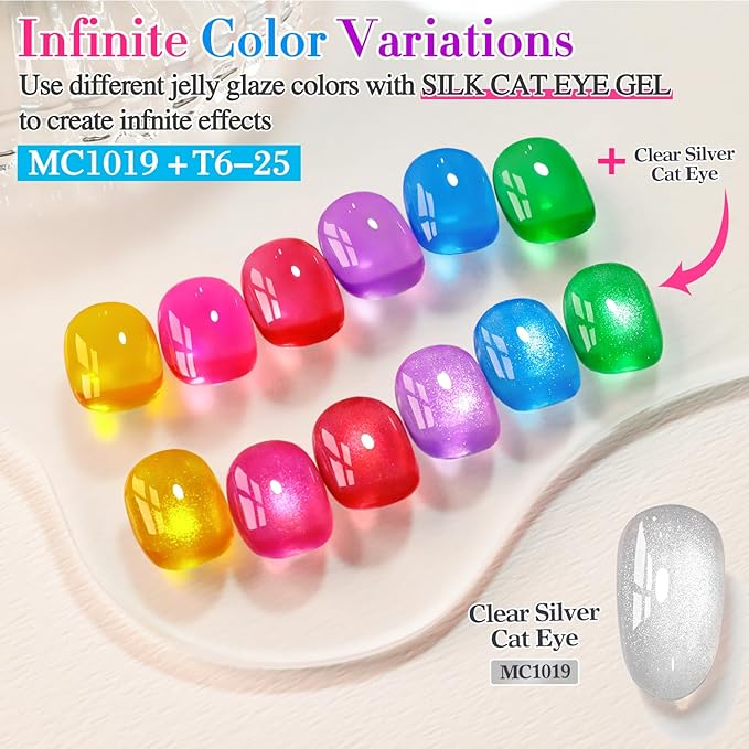 Double Rhythm 0.5 OZ Cat Eye Gel Polish with Magnet 15ML Holographic Glitter Shimmer Translucent Jelly Color Magnetic Polish Salon DIY at Home (Silver-MC1019)