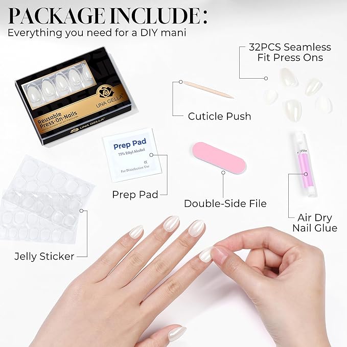 UNA GELLA 32Pcs Soft Gel Press on Nails - 16 Sizes Silver Chrome Mirror Almond Glue on Nails, Reusable Metallic Short Almond False Nails, Full Cover Acrylic Nail Kit for Women DIY Home Manicure