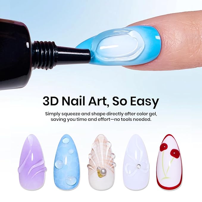 Beetles 3D Gel Nail Art, Sculpting Gel 3 in 1 Clear No Wipe Nail Polish Rhinestone Art Glue Gel for Drawing, Molding, Gems and Decoration with Silver Chrome Nail Powder for DIY Nail Designs, 15g