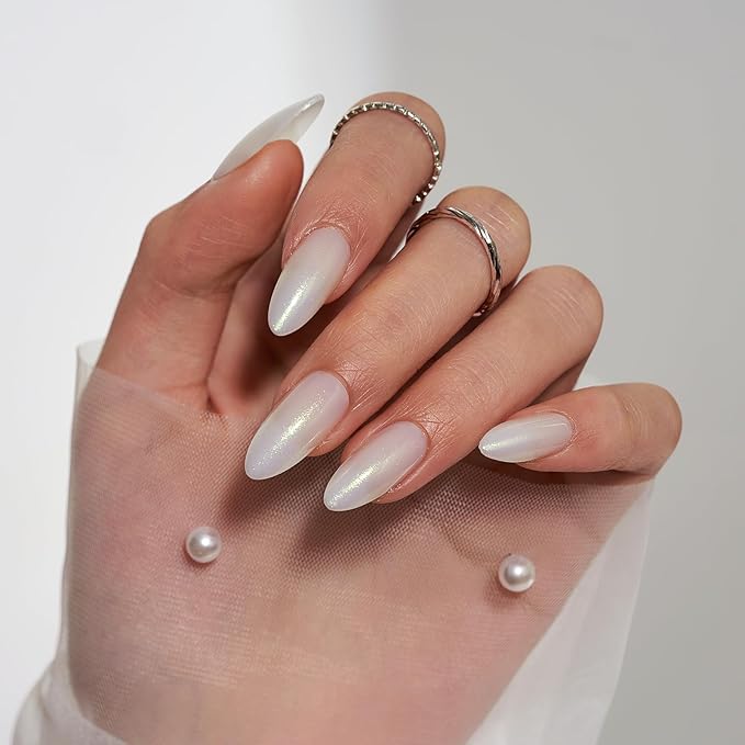 BTArtbox Press On Nails Almond - Lamp-Curable Glitter White Medium Press On Nails with Glue for Women, Semi-Transparent Soft Gel Glue On Nails in 15 Sizes - 30 Stick On Nails Kit, Disco Ball