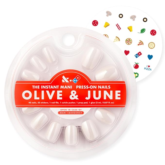 Olive & June Instant Mani Press-On Nails (Glue) | 42 Fake Nails, 21 Sizes | Non-Toxic, Long-Lasting Recycled Materials Realistic Look | Extra Short, Round | Extra Cheese Please w/stickers