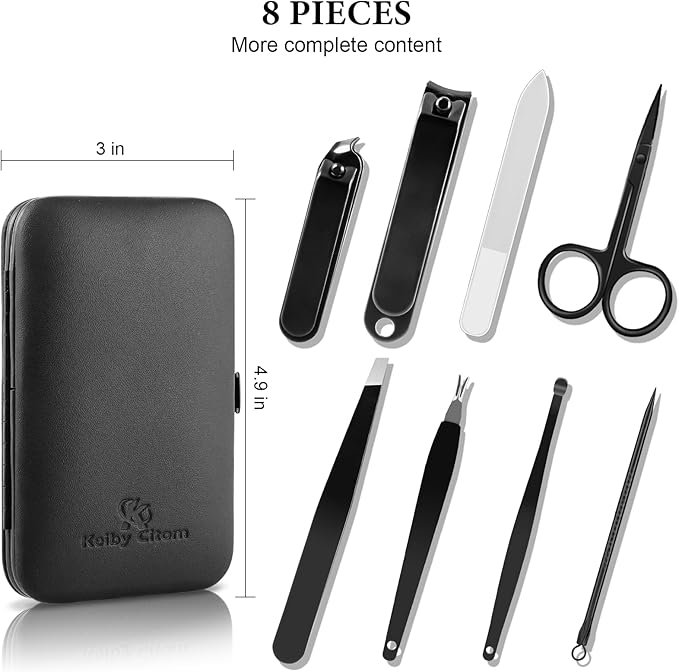 Manicure Set 8pcs Professional Nail Clippers Kit Pedicure Care Tools-Stainless Steel Grooming Tools for Travel (Black)