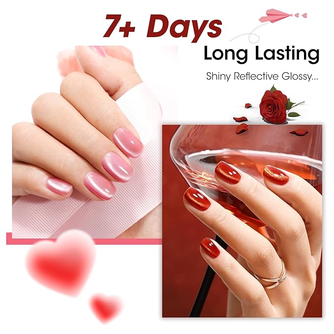 GELLEN Quick Dry Cat Eye Nail Polish Kit, Red Magnetic Fingernail Polish Series, Fast Drying Glitter Nail Lacquer Non Gel with Magnet Tool, DIY Salon Home