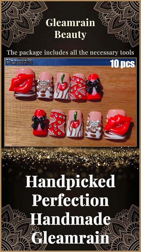 Valentine Press on Nails Duck Shape M Size/Gleamrain Luxury Medium Handmade Hot Acrylic Glue on Nails With Rhinestones and Bow Design Duck Nail for Women and Girls 10 Pcs