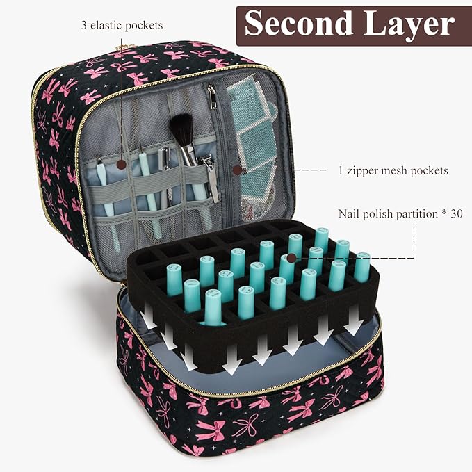 Nail Polish Organizer Aesthetic Nail Organizers and Storage, Bow Nail Supplies Kit Organizer Travel Carrying Case for Manicure Tools (Black, 2 Layer)