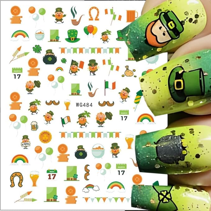6Pcs St. Patrick's Day Nail Art Stickers 3D Self Adhesive Spring Four Leaf Clover Nail Decals Lucky Shamrock Nail Stickers St. Patrick's Day Hat Letter Design Irish Nail Supplies Accessories for Women