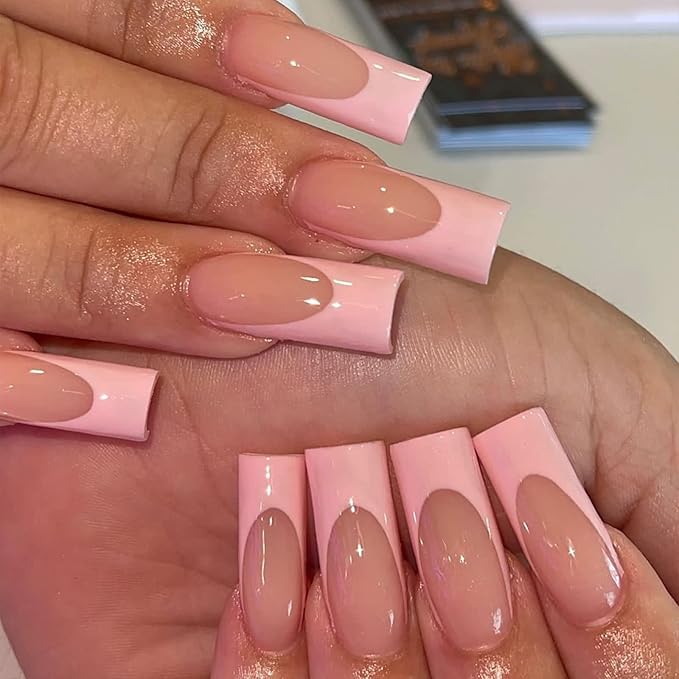 Press on Nails Long Square Pink French Tip Fake Nails Full Cover False Nails with Designs Light Pink Nail Tip Glossy False Nails with Nail Glue Artificial Acrylic Nails for Women Girls 24 Pcs