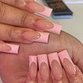 Press on Nails Long Square Pink French Tip Fake Nails Full Cover False Nails with Designs Light Pink Nail Tip Glossy False Nails with Nail Glue Artificial Acrylic Nails for Women Girls 24 Pcs