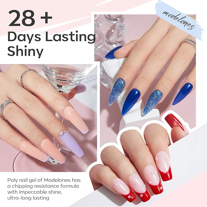 modelones Poly Extension Gel Kit 12 Colors Poly Nail Set All Seasons Colors Nude Pink Blue Glitter Builder Nail Gel French Manicure DIY Gifts for Women