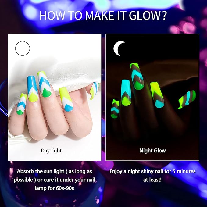 RARJSM Gel Nail Art Polish, Glow In The Dark Gel Liner Art Set Luminous Painting Gelpolish For NailArt Fluorescent Bright Colors Hot Pink Neon Yellow Green Blue Orange Nail Kit For Christmas