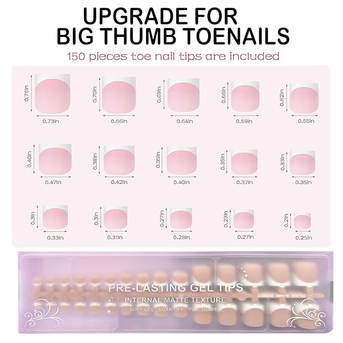 150pcs French Tip Press on Toenails Short Square, Brown Press On Nails White French Toe Nail Tips for Women, Soft Gel Fake Toe Nails, Acrylic Nails Soak off Nail Home DIY 15 Size