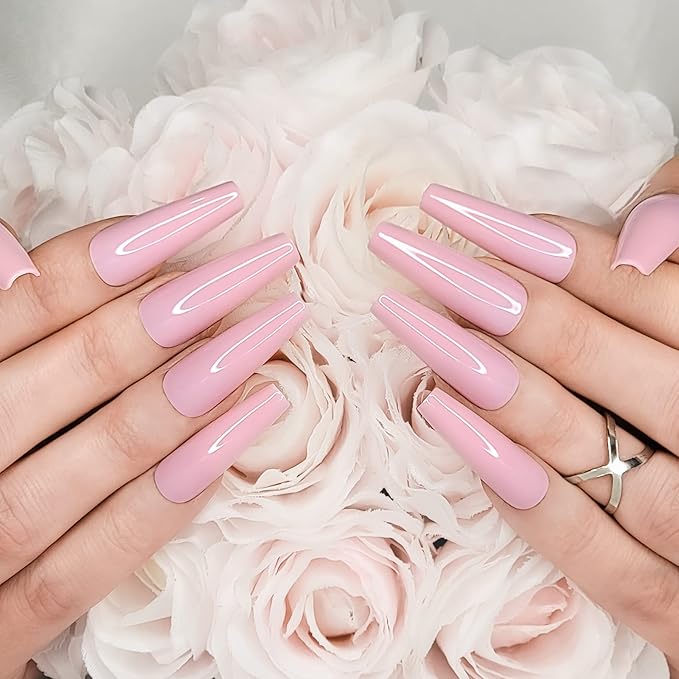Hypnaughty 24 Pcs Blush Pink Glossy Extra Long Press On Nails and Glue XL Reusable Solid Color False Nails (Blush)
