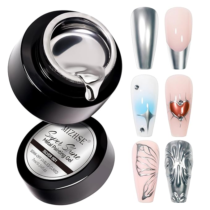 MIZHSE Metallic Silver Gel Polish, Chrome Gel Polish Mirror Painting Drawing Gel for Nail Art Glossy Mirror Effect Soak Off U V LED Gel for Nail Salon Home DIY Manicure