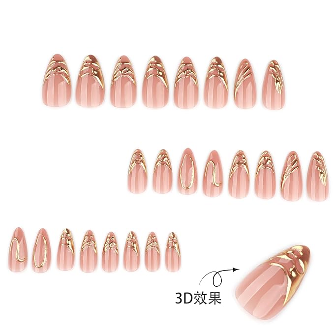 Medium Almond Press on Nails - Pink Glossy Fake Nails with 3D Gold Line Design, Acrylic Nails with Stiletto Design, Reusable Full Cover Glue-On for Women, French Manicure False Nails - Gift
