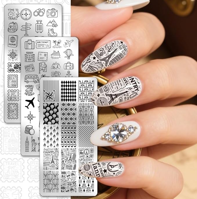 PH PandaHall 3pcs Travel Elements Nail Stamping Plates Postage Stamp Nail Art Stencils Compass Camera Nails Art Templates Adventure Travel Nails Design Stamp for Women Manicures Salon DIY Printing