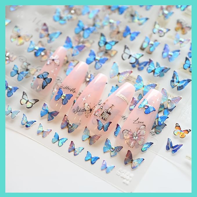 Blue Butterfly Nail Art Stickers Rhinestones Nail Decals for Nail Art Design Self-Adhesive Nail Accessories for Women Nail Art Supplies 3 Sheets