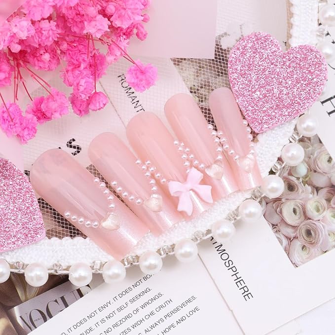 24Pcs Pink French Tip Press on Nails Long Square Fake Nails with 3D Bow Heart Glue on Nails Valentines False Nails Glossy Nude Pink Stick on Nails Cute Bow Acrylic Nails for Women Daily Wear Manicure