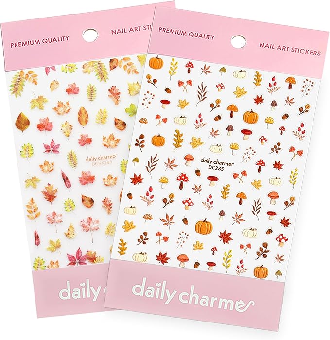 Daily Charme Fall Leaves Cottagecore Self-Adhesive Fall Nail Art Sticker Bundle Autumn Nail Decals Supplies Cute for Women Thanksgiving Day Nail Art Decorations Home DIY