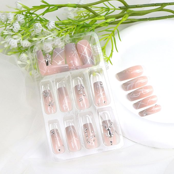 Pink Ombre Press on Nails Square Long White Snowflake Bow Heart Pearls Rhinestones Fake Nails Press ons Winter Cute Handmade Acrylic Full Cover Glossy Glue on Nail for Women 24 Pcs