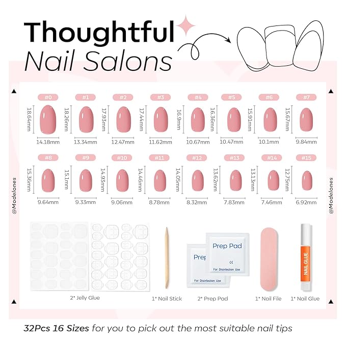 modelones Soft Pink Short Press on Nails, Semi-Transparent Oval Fake Nails Kit Press Ons with Nail Glue, Adhesive Tabs, Nail File, Prep Pad, Manicure Stick, 32Pcs 16 Sizes, Spring Women Girl Gift