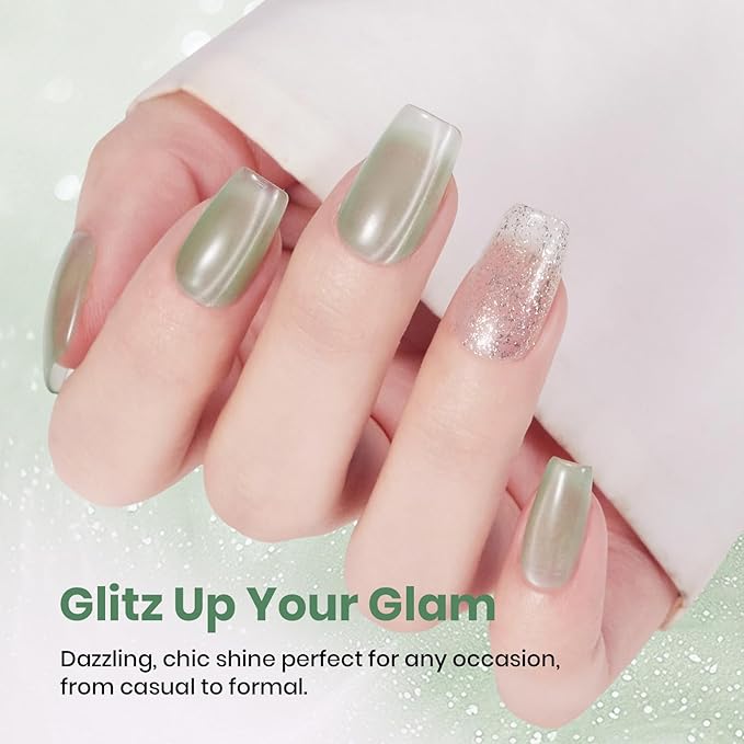 Beetles Minty Gleam Green Cat Eye Gel Nail Polish - 15ML Glass Green Glitter Cat Eye Spring Gel Polish Magnetic Shimmer Effect Soak Off UV Nail Art Design Salon DIY Manicure Gift for Women