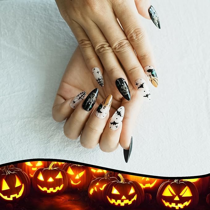 10pcs Almond Press on Nails - Halloween White Black False Nails with 3D Bat, Pumpkin & Cobweb Designs, Reusable Acrylic Press on Nails for Women (Spooky Vibes,M)