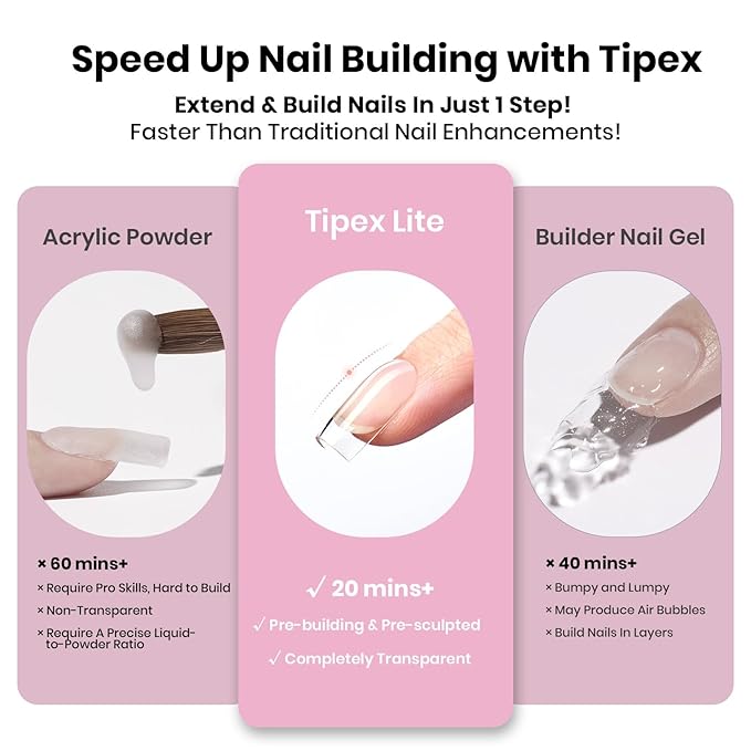 Beetles Tipex Lite Instant Apex Nail Tips, Short Square, 16 Sizes | 00–14, Built-in Apex Acrylic Tips for Flat & Natural Nail Beds, Beginner-Friendly Easy DIY Nail Extensions