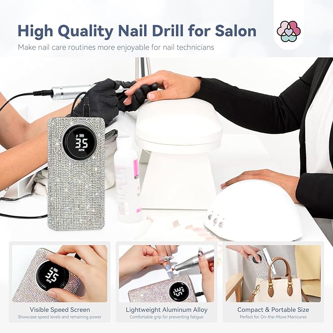 SAVILAND Professional Nail Drill Kit: 35000RPM Rhinestones Nail Drill for Nails Electric Nail File Professional Portable Efile with Drill Bits Nails Filer Buffer Salon Home Manicure Pedicure