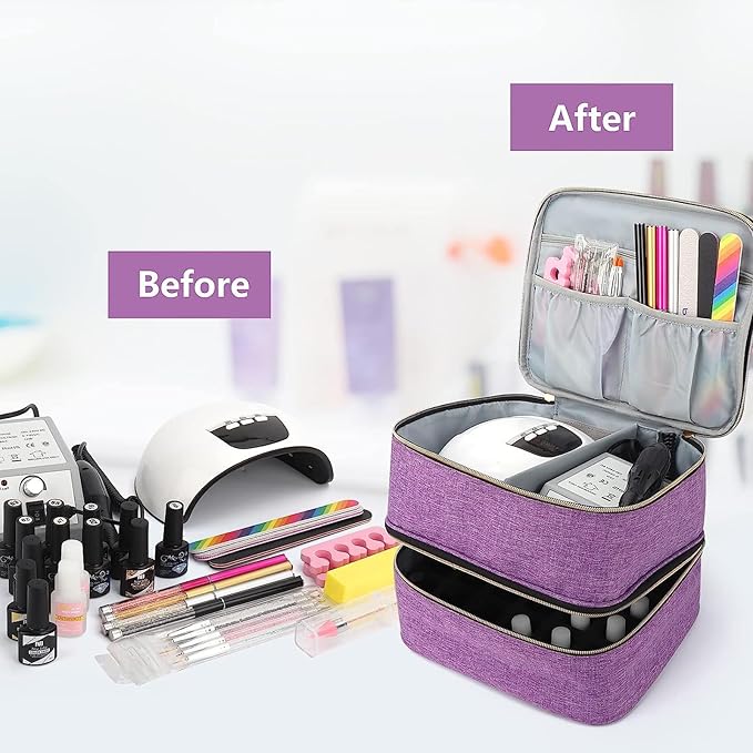 Meichoon Essentials Nail Polish Carrying Organizer 2 Layers Storage Holder Case with Adjustable Bottle Compartment 30 Bottles of Gel lamp and Manicure Tools Large Makeup Bag Travel Purple