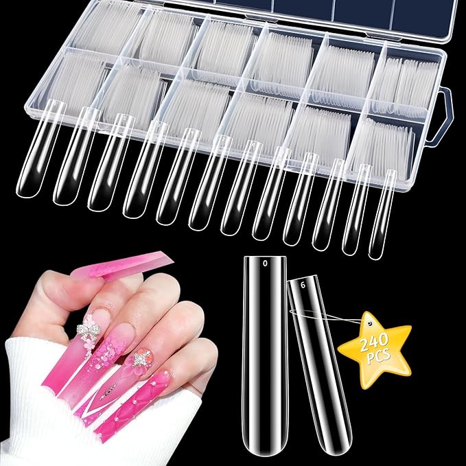 LIONVISON 3XL Clear Full Cover Nail Tips for Acrylic Nails Professional, 240PCS Extra Long Tapered Square, 12 Sizes Straight Press On Gel Nail Tips for Nail Salons Home DIY