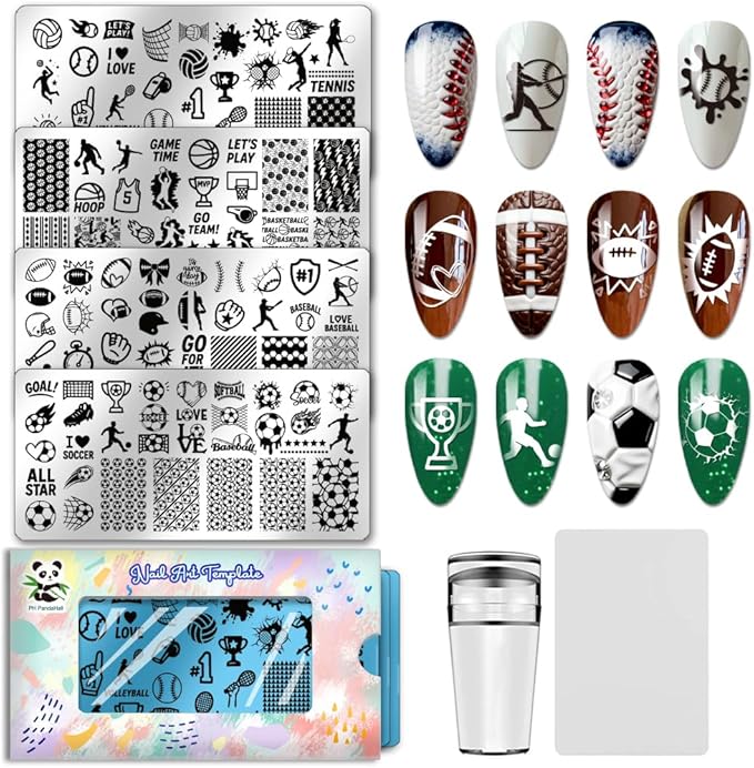 PH PandaHall 4pcs Sports Theme Nail Stamping Plates Volleyball Basketball Nail Art Templates Football Tennis Nails Arts Stencils Sports Events Nails Image Plates for Women Fingers Manicure Designs