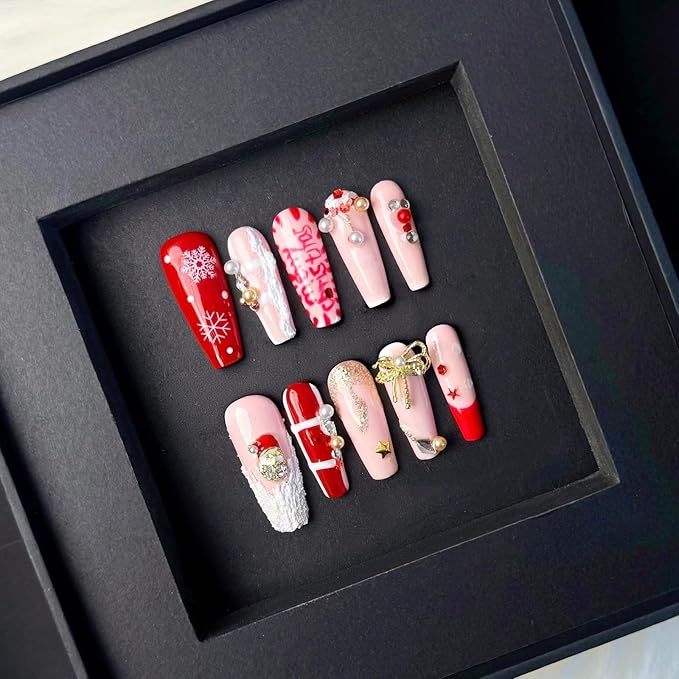 10Pcs Handmade Christmas Press on Nails Long French Tip Fake Nails with 3D Bow Pearl Design Thick Acrylic and Muti-Layer Gel False Nails Coffin Nails Press ons Christmas Glue on Nail for Women (S)