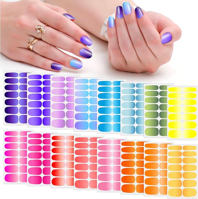 SILPECWEE 16 Sheets Nail Polish Stickers Nail Wraps for Women Gradient Color Gel Nail Stickers Self Adhesive Nail Polish Strips Fingernail Sticker with Nail File (Light Color Style)