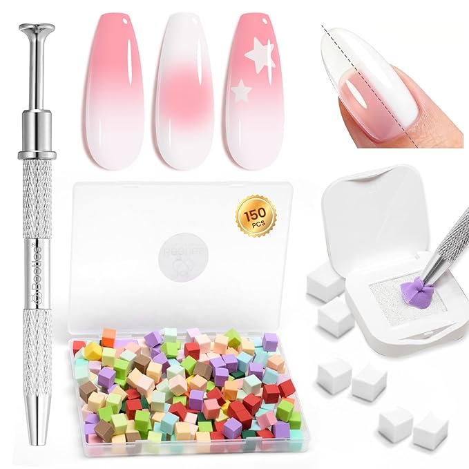 Beetles 150Pcs Soft Nail Sponges for Ombre, Colorful Nail Sponge with Grabbing Pen, White Pat Painting Gel Polish Kit for Gradient Ombre Blush Chrome Design Nails Art Tools, Home DIY Salon Manicure