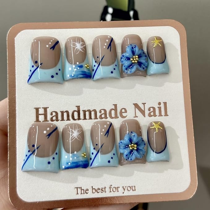 Luxury Press on Nails Short Duck Handmade 3D Unique Reusable ABS Material Fake Nails Blue French Tip False Nails with Designs Rhinestones Starfish Summer Glossy Glue on Nail Thick Acrylic Nail(S)
