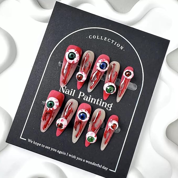 Handmade Press on Nails Halloween Nail Press on Nails Long Stiletto Fake Nails with Evil Eyes Design Red Blood False Nails Ombre Handmade Nails for Women Girls Holiday Manicure 10pcs Size L