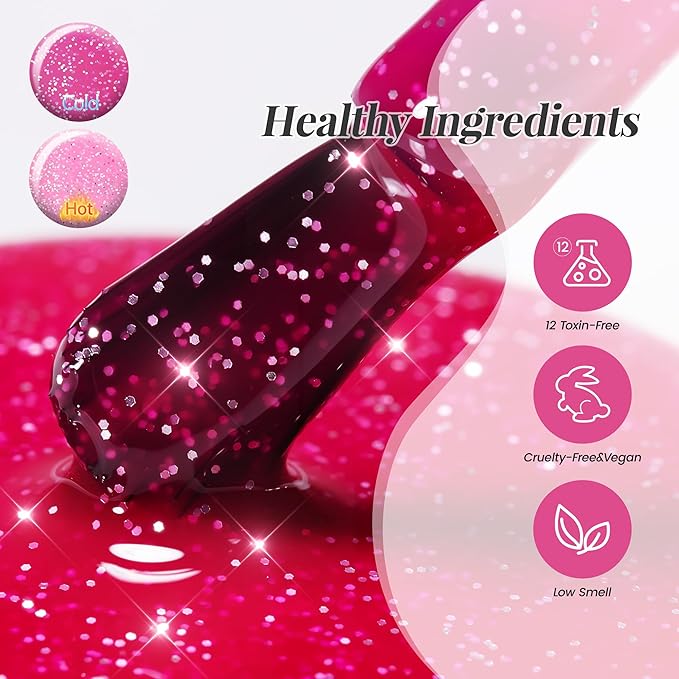 YTD Likomey Color Changing Gel Nail Polish,15ml Light Pink To Hot Pink Glitter Mood Temperature Change Colors Ombre Thermal Salon Home Fall Winter Manicure UV Nails Varnish,WB04