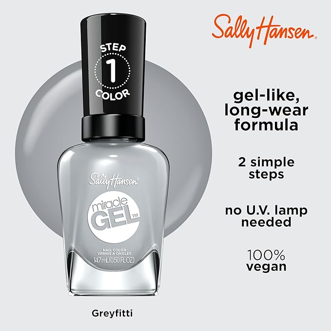 Sally Hansen Miracle Gel Salon Quality Nail Polish | Gel-Like Formula, Two-Step System, No UV Light Needed, Long Lasting | Opaque, Glossy | 799 Greyfitti | Blue Gray Nail Polish