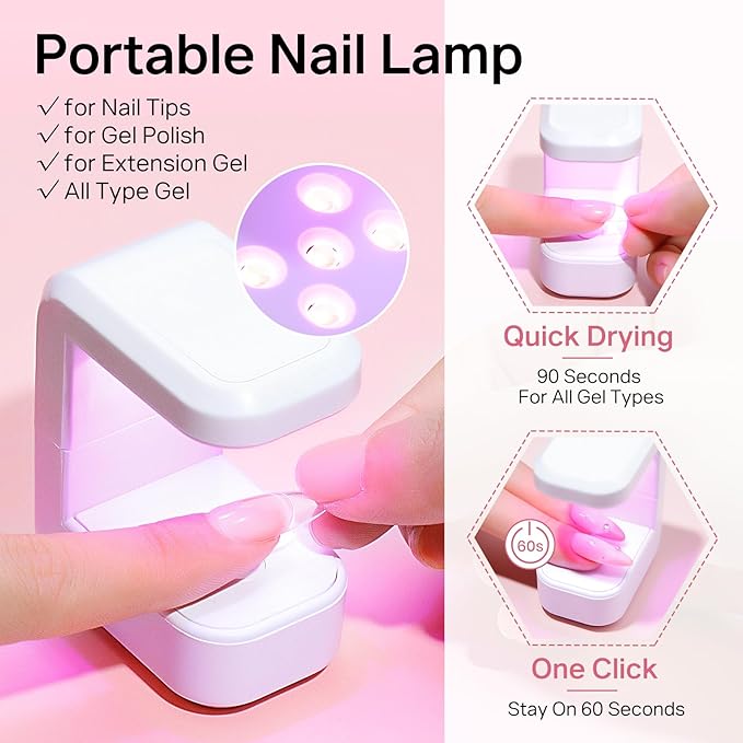 MIZHSE Gel Nail Kit, Fake Nails Long Almond, 8-in-1 Builder Gel for Nails & Portable Mini U V Light, 240Pcs Half Matte Nail Tips for Nail Extension Home DIY Nail Salon