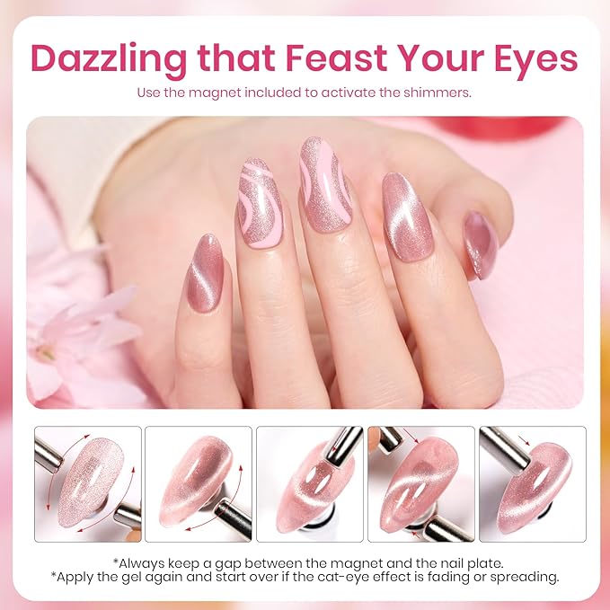 Beetles Pink Cat Eye Gel Nail Polish - 15ML Valentines Gel Polish Light Pink Cat Eye Shimmer Glitter Gel Polish with Magnet Soak Off UV Spring Encounter Nail Art Design Manicure Gifts for Women