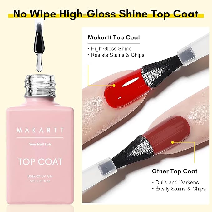Makartt No Wipe Top Coat and Base Coat Kit with Clear Blooming Gel Bundle, Clear Gloss Shiny Stain Resistant General Gel Top Coat Nail Polish, Clear Blooming Gel 15ml for Spreading Effect