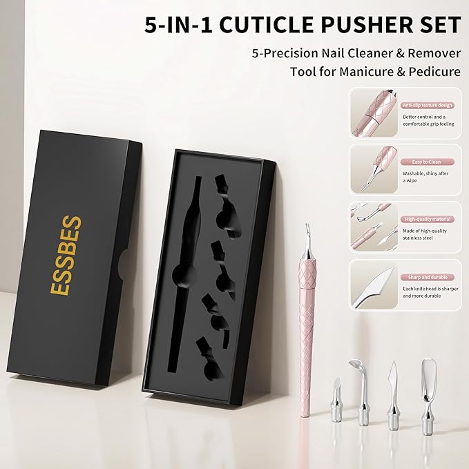 5 in 1 Cuticle Pusher Set with Aluminum Handle Precision Nail Cleaner Remover Tool for Manicure & Pedicure