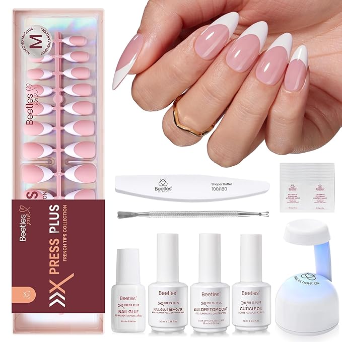 Beetles X Press Plus Gel Nails Kit - Peachy French | Pink Medium Almond French Tip Press On Nails | 210Pcs 15 Sizes All-in-One Kit With Nail Glue,Remover,Builder Top Coat,Nail Lamp Gift For Fall Nails