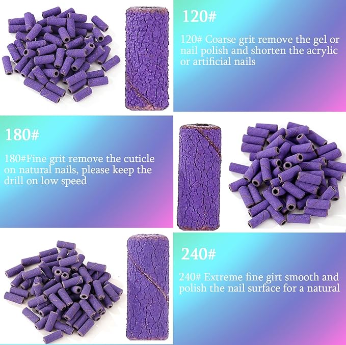 100pcs Nail Drill Bits Small Sanding Bands with Upgrade 3.1mm Mandrel Bit,180 Fine Grit Nail File Sanding Bands for Acrylic Nails Gel Removing Shaping Manicures and Pedicure (Purple, 180 Grit)