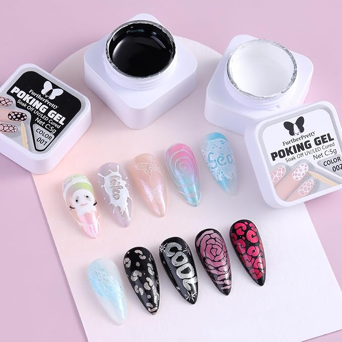 Magic Gel Nail Polish Kit, Black & White Poking Gel Polish with Poke Base Coat for Lace, Wave, Butterfly, Graffiti Letter Nail Designs, DIY Drawing Painting Manicure Supplies with Brush