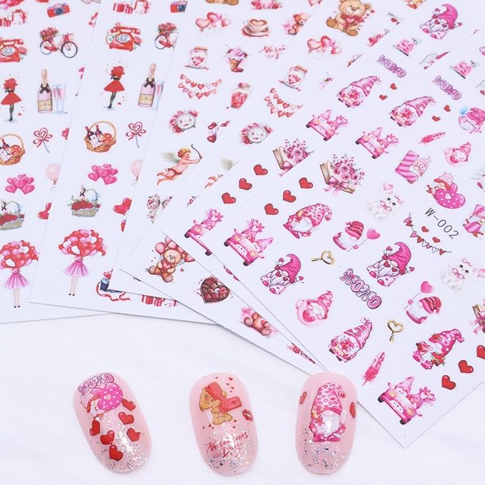 6 Sheets Valentines Day Nail Art Sticker 3D Self-Adhesive Pink Heart Nail Stickers Angel Bear Couple Bow Rose Romantic Design Cute Love Nail Decals Nail Art Supplies for Acrylic Manicure Decorations