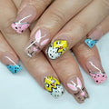 24 Pcs Easter Day Press on Nails Medium Square Fake Nails with Bunny Flower Design Pink French Tip False Nail Full Cover Easter Acrylic Nail Stick on Nails for Women DIY Manicure Decoration