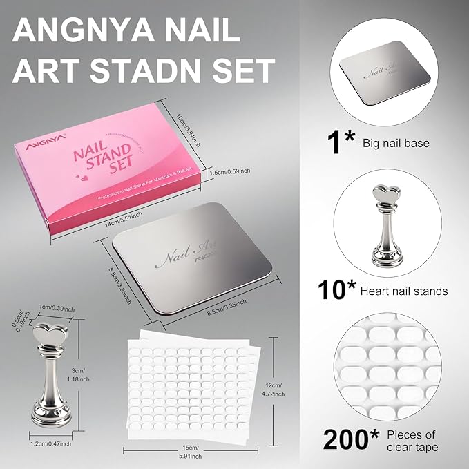ANGNYA Nail Stand for Press Ons,Square Shape Super Magnetic Base Nail Holder for Painting Nails with 200 Pcs Reusable Double-Sided Tape for Nails Practice Nail Tools Home DIY Salon Supplies