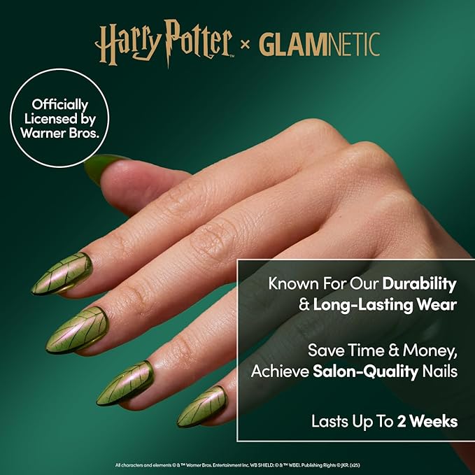 Glamnetic Press On Nails x Harry Potter™ - Mandrake | Short Almond Fake Nails with Iridescent Glazed Green Shimmer, Salon Quality Officially Licensed | 15 Sizes - 30 Nail Kit with Glue