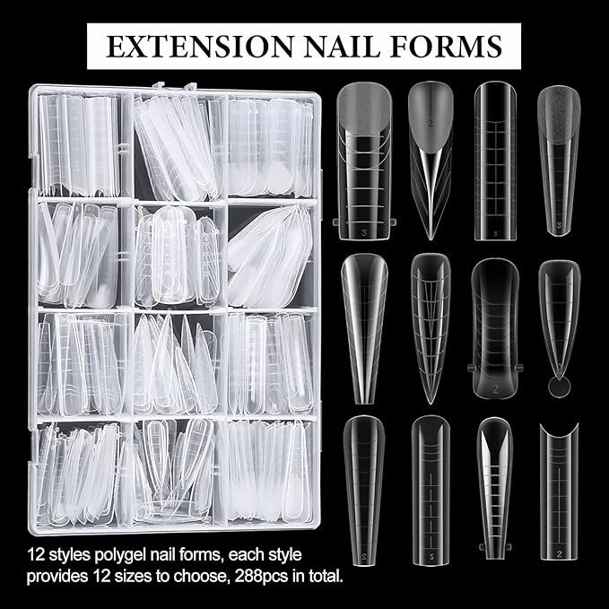 288Pcs Polygel Nail Forms Starter Kit 12 Style Poly Gel Nail Extension Molds Full Cover Dual Forms with Silicone Stickers Manicure Tools for Coffin Square Almond French Nail Art Designs